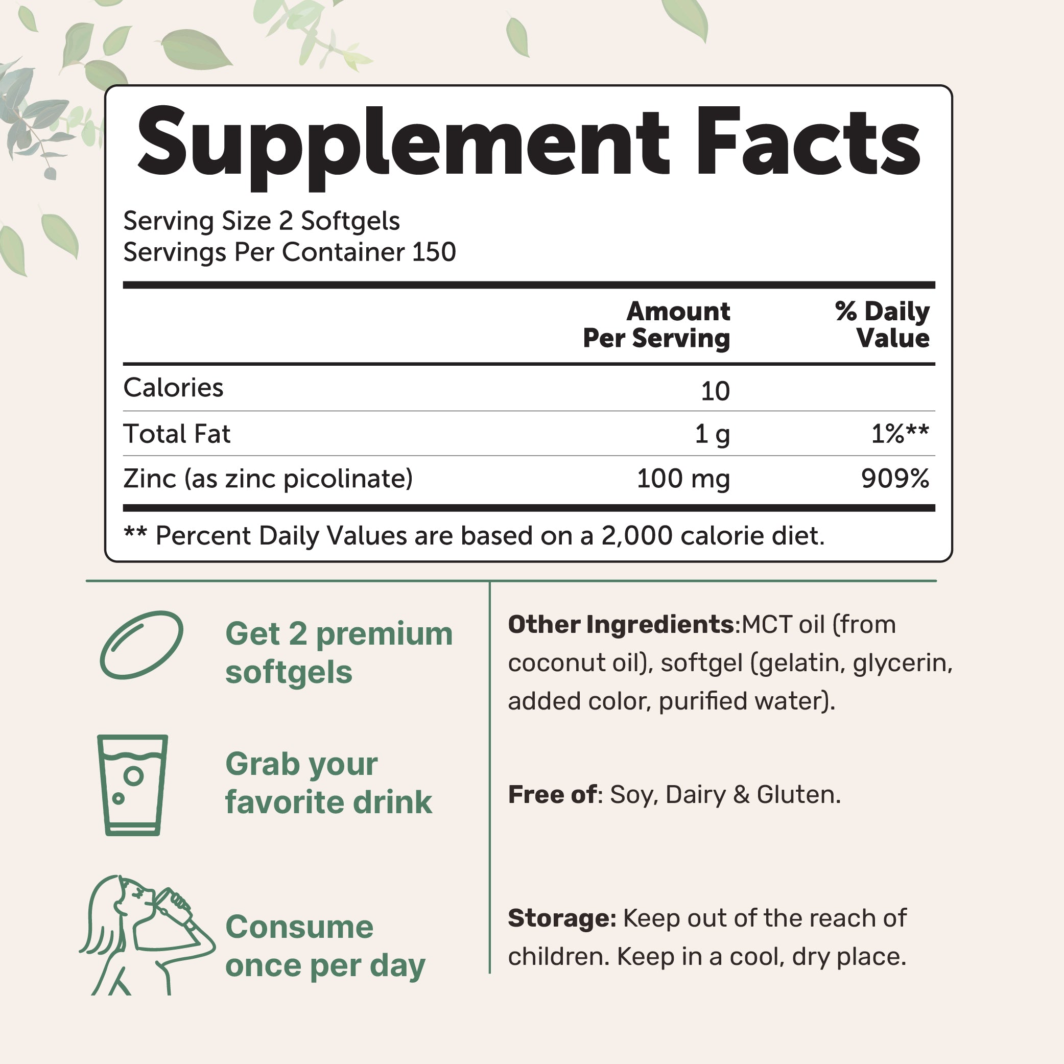Micro Ingredients Zinc Picolinate 100mg with MCT Oil, 300 Softgels