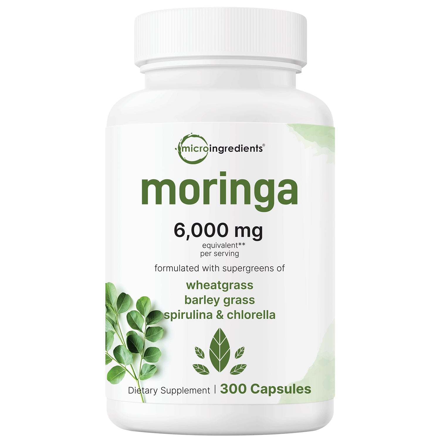 Moringa Oleifera 6,000mg Equivalent, 300 Capsules with Supergreens Blend of Wheatgrass, Barley Grass, Spirulina, & Chlorella