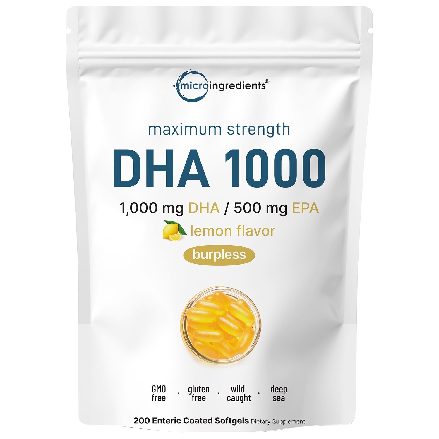 Micro Ingredients Omega 3 Fish Oil DHA Supplements 1000mg with EPA 500mg, 200 Softgels – Lemon Flavored
